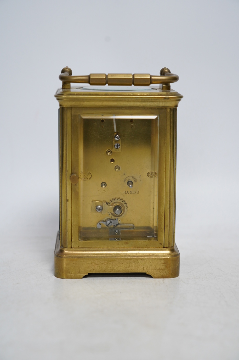 A late 19th century Drocourt brass case carriage timepiece, 14cm. Condition - fair, not tested as working